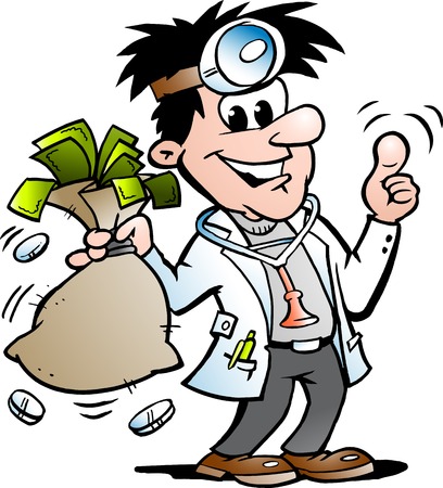 Vector Cartoon illustration of a Happy Doctor holding a Moneybagのイラスト素材