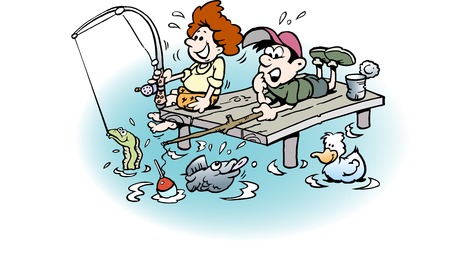 Cartoon Vector illustration of two Boys on Fishing Tripのイラスト素材