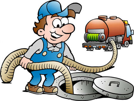 Vector Cartoon illustration of a Happy Sewer Master & Vacuum Truckのイラスト素材