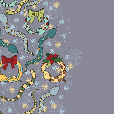 Background with cute snakes, mistletoe and snowflakes for New Year of the snake のイラスト素材