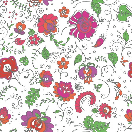 Seamless background with hand-drawn flowers. Pastel color palette. Endless floral pattern. Can be used for textile, wallpaper, surface design, backdrop, wrapping paper textures etc.のイラスト素材