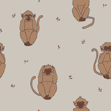 Seamless background withwise monkeys. Endless animalistic pattern. Can be used for textile, wallpaper, surface design, backdrop, wrapping paper textures etc.のイラスト素材