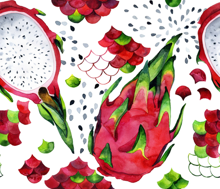 Seamless watercolor pattern with dragon fruits and pitahayaの写真素材