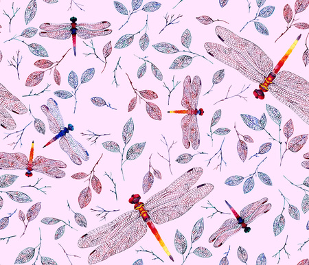 Vintage-inspired oriental pink seamless background with dragonflies and leavesの写真素材