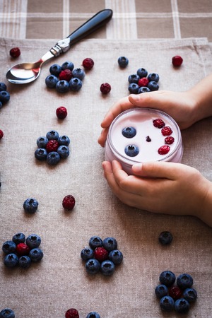 blueberry yogurt in the jarの写真素材