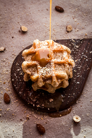 Belgian waffles with caramelの写真素材