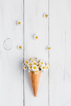 daisy flowers in the ice cream cone on white wooden background, flat lay, top viewの写真素材