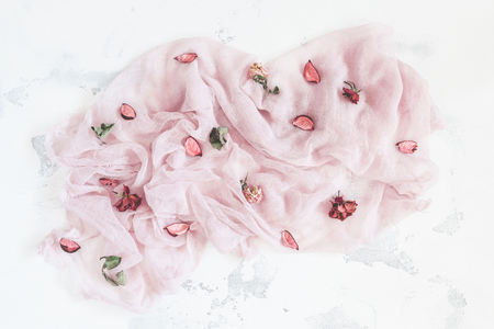 Composition with dried flowers on white background. Flat lay, top viewの写真素材