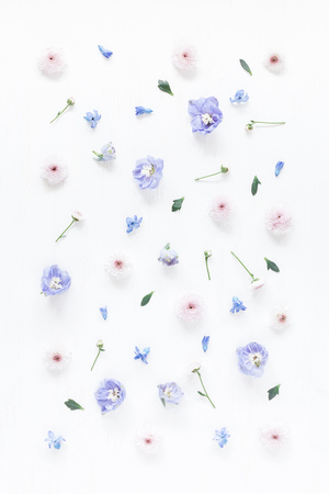 Pattern made of lilac and pink flowers. Flat lay, top viewの写真素材