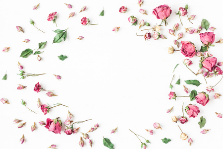 Floral composition. Frame made of dried rose flowers. Flat lay, top viewの写真素材