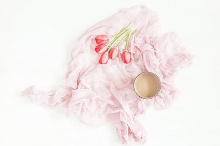 Composition with coffee and pink tulip. Valentine's Day. Flat lay, top viewの写真素材