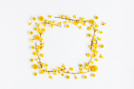 Flowers composition. Frame made of various yellow flowers on white background. Easter, spring, summer concept. Flat lay, top viewの写真素材