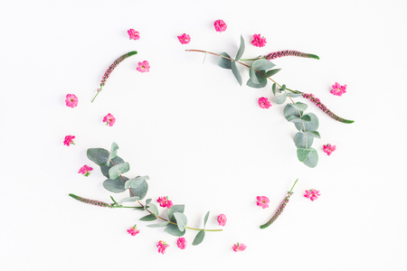 Flowers composition. Frame made of pink flowers and eucalyptus branches on white background. Flat lay, top view, copy spaceの写真素材