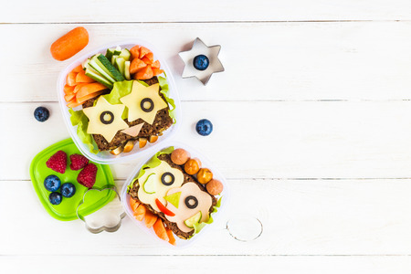School lunch box for kids. Top view, flat layの写真素材