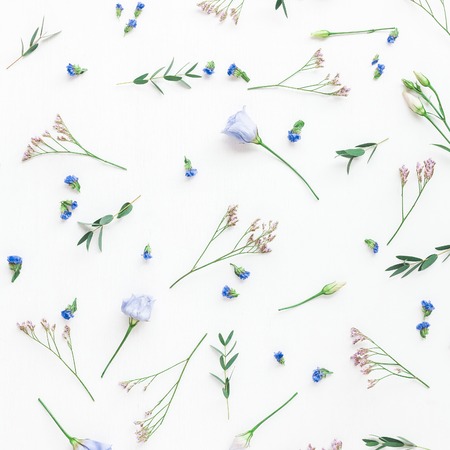 Flowers composition. Pattern made of various flowers and eucalyptus branches on white background. Flat lay, top viewの写真素材