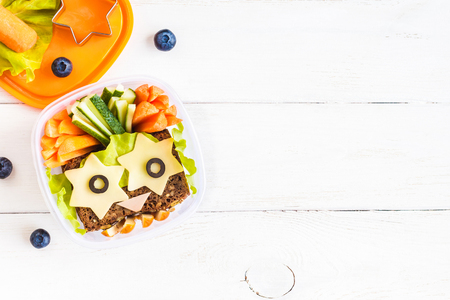 School lunch box for kids. Top view, flat lay