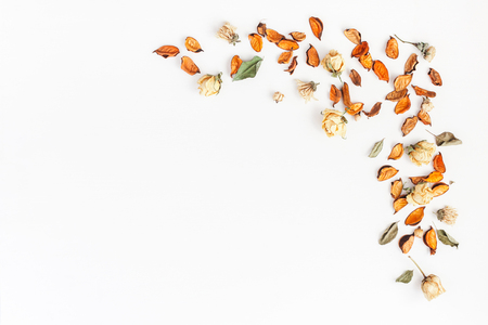 Autumn composition. Frame made of autumn dried flowers and leaves on white background. Flat lay, top view, copy space.の写真素材