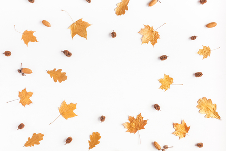 Autumn composition. Frame made of autumn maple tree leaves and pine cones on white background. Flat lay, top viewの写真素材