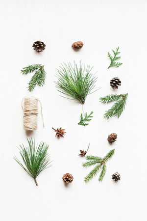 Christmas composition with pine cones, fir branches. Christmas pattern. Top view, flat layの写真素材
