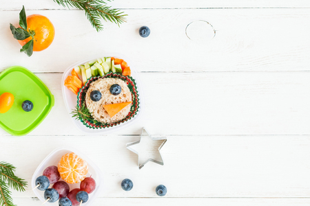 Christmas school lunch for kids. Christmas fun food. Flat lay, top viewの写真素材