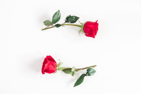 Flowers composition. Frame made of rose flowers on white background. Flat lay, top view, copy spaceの写真素材
