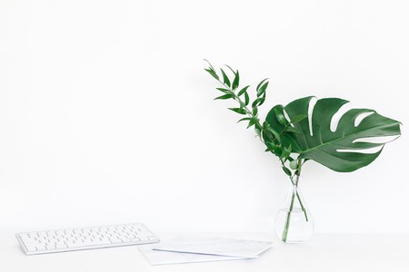 Desk with computer, notebook, green leaves. Creative workspace. Front view, copy spaceの写真素材