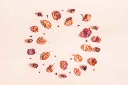 Autumn composition. Wreath made of dried flowers and leaves on pastel beige background. Autumn, fall concept. Flat lay, top view, copy spaceの写真素材
