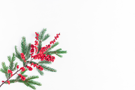Christmas composition. Christmas pattern made of fir tree branches and red berries on white background. Flat lay, top view, copy spaceの写真素材