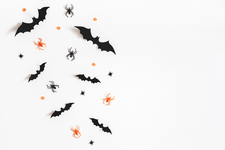 Halloween decorations on white background. Halloween concept. Flat lay, top view, copy spaceの写真素材