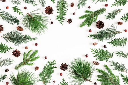 Christmas composition. Coniferous tree branches on white background. Christmas, winter, new year concept. Flat lay, top view, copy spaceの写真素材