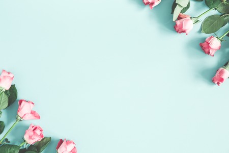 Flowers composition. Pink rose flowers on pastel mint background. Flat lay, top view, copy spaceの写真素材