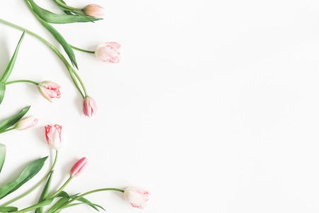 Flowers composition. Pink tulip flowers on white background. Valentine's day, Mother's day concept. Flat lay, top view, copy spaceの写真素材