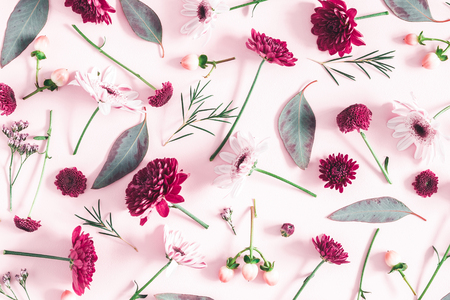 Flowers composition. Eucalyptus leaves and pink flowers on pastel pink background. Flat lay, top viewの写真素材