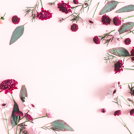 Flowers composition. Eucalyptus leaves and pink flowers on pastel pink background. Flat lay, top view, copy space, squareの写真素材