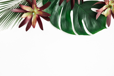 Summer composition. Tropical flowers and leaves on white background. Summer concept. Flat lay, top view, copy spaceの写真素材