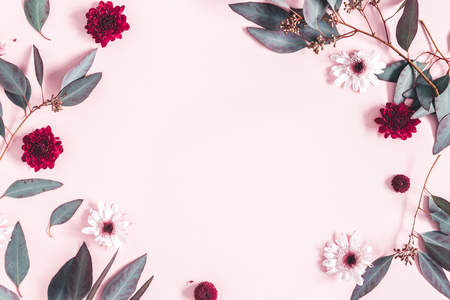 Flowers composition. Eucalyptus leaves and pink flowers on pastel pink background. Mothers day, womens day concept. Flat lay, top view, copy spaceの写真素材