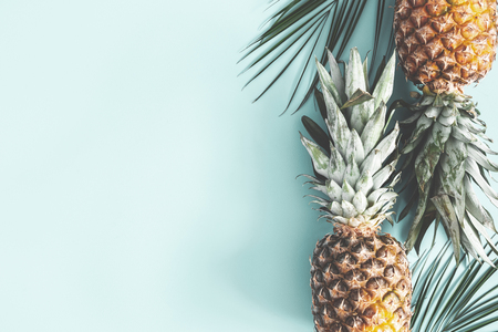 Summer composition. Pineapple, palm leaves on pastel blue background. Summer concept. Flat lay, top view, copy spaceの写真素材