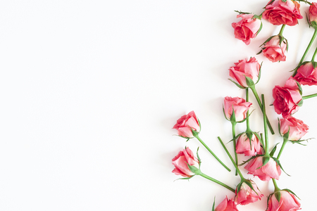 Flowers composition. Rose flowers on white background. Flat lay, top view, copy spaceの写真素材