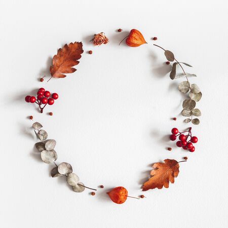 Autumn composition. Wreath made of dried flowers, eucalyptus leaves, berries on gray background. Autumn, fall, thanksgiving day concept. Flat lay, top view, copy space, squareの写真素材