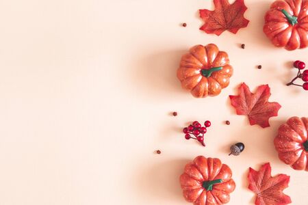 Autumn composition. Dried leaves, pumpkins, flowers, rowan berries on beige background. Autumn, fall, halloween, thanksgiving day concept. Flat lay, top view, copy spaceの写真素材