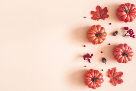 Autumn composition. Dried leaves, pumpkins, flowers, rowan berries on beige background. Autumn, fall, halloween, thanksgiving day concept. Flat lay, top view, copy spaceの写真素材