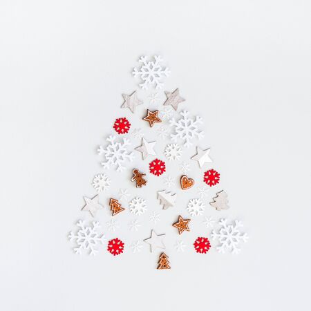 Christmas composition. Christmas decorations on pastel gray background. Flat lay, top view, squareの写真素材