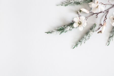 Christmas composition. Fir tree branches, flowers on pastel gray background. Christmas, winter, new year concept. Flat lay, top view, copy spaceの写真素材
