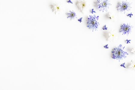 Flowers composition. Frame made of chrysanthemum flowers on white background. Flat lay, top viewの写真素材