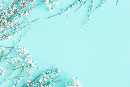 Flowers composition. White flowers on blue background. Spring concept. Flat lay, top view, copy...