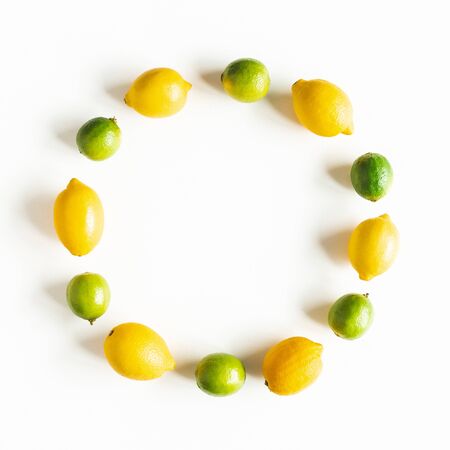 Lemon and lime fruits on white background. Flat lay, top viewの写真素材