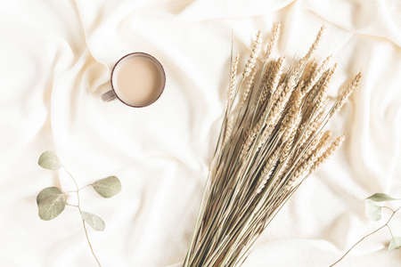 Autumn composition. Spica ears, eucalyptus leaves, plaid, cup of coffee on white background. Autumn, fall concept. Flat lay, top viewの写真素材