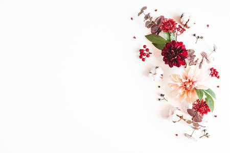 Autumn composition. Dried flowers and leaves on white background. Autumn, fall, thanksgiving day concept. Flat lay, top viewの写真素材