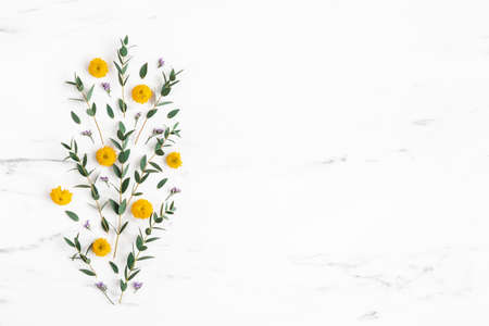 Flowers composition. Yellow flowers and eucalyptus leaves on marble background. Flat lay, top viewの写真素材
