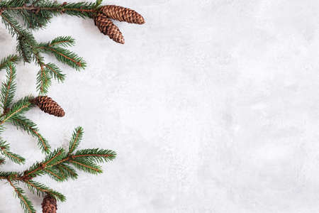 Christmas composition. Fir tree branches on gray background. Christmas, winter, new year concept. Flat lay, top view, copy spaceの写真素材